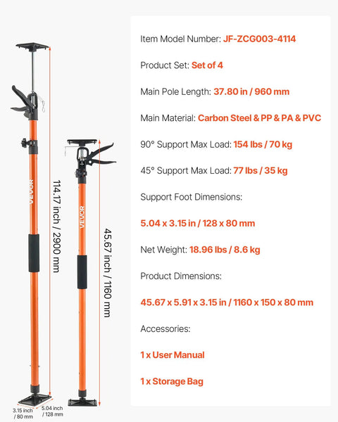 VEVOR 4-Pack Cabinet Support Poles, Heavy Duty Telescopic Steel Jack Props, 37.80 in length, adjustable for drywall support.