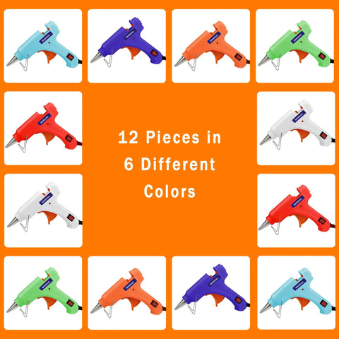 Colorful Mini Hot Glue Gun Kit 12-Piece Set All In One Color Coded Tools displayed in six colors: navy, white, green, orange, red, sky blue.