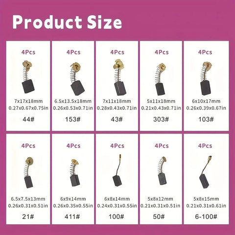 Chart of Industrial Electric Motor Brush Set Pro Grade 40 Pcs in 10 Sizes Copper Alloyed Carbon Brushes dimensions.
