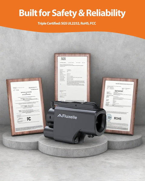 No Sweat NACS To CCS EV Charging Adapter, UL Certified 500 Amp Fast Charge Plug on display with safety certifications.