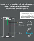 Diagram of Cync Button Style Smart Light Switch No Neutral Wire Required, 2.4 GHz WiFi with ground wire connection details.