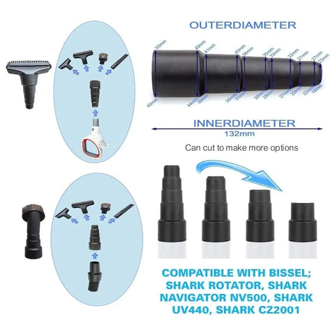 Diagram of Easy Fit Vacuum Hose Adapter Kit dimensions and compatible vacuums, showing parts for 1 1/4 inch attachments.
