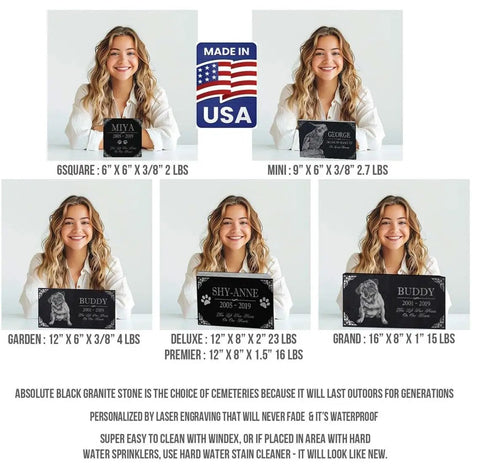 Various sizes of personalized memorial stone keepsakes, including the Deluxe 12x8x2 inch tombstone, displayed by a woman.