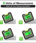 Heavy Duty Digital Angle Level And Inclinometer With Rock Solid Magnet Base And Bright LCD Screen displaying four measurement units.