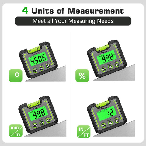 Heavy Duty Digital Angle Level And Inclinometer With Rock Solid Magnet Base And Bright LCD Screen displaying four measurement units.