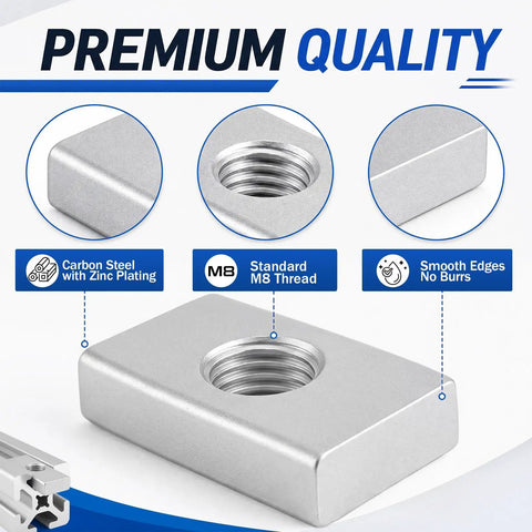 Real Deal M8 Sliding T Nuts For 4040 Aluminum Extrusion Bulk Pack Of 50 Zinc Coated Steel Block Fasteners showing carbon steel with M8 thread.