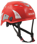 Red protective helmet with ventilation design, featuring adjustable straps and padded interior for comfort.