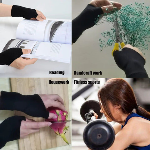 Breathable Wrist And Thumb Compression Gloves With Soft Gel Pads For Tendonitis Arthritis And Carpal Tunnel Relief For Hand And Wrist Pain All Day Comfort One Pair shown in use during various activities like reading and weightlifting.