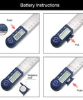 Battery instructions for Top Shelf Heavy Duty Digital Angle Finder And 2 In 1 Digital Protractor with stainless steel ruler.