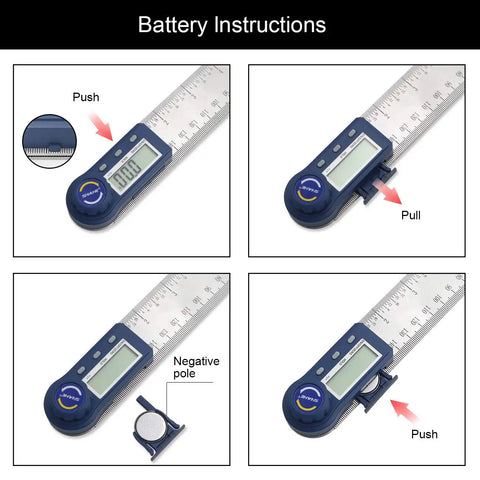 Battery instructions for Top Shelf Heavy Duty Digital Angle Finder And 2 In 1 Digital Protractor with stainless steel ruler.