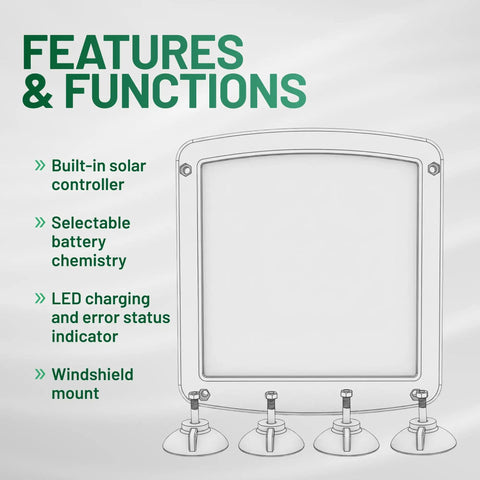 Diagram of Five Watt Solar Panel 12V Battery Charger with Charge Controller IP67 Weatherproof Windshield Mountable Features.