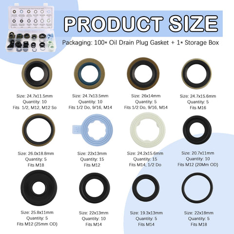 Oil Drain Plug Gasket Set 100 Pcs With 12 Sizes Metal Rubber Crush Washers For M12 M14 M16 M18 oil pan drain plugs