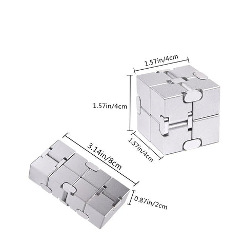 New Version Metal Infinity Cube Fidget Toy For Stress Anxiety Relief And ADHD Calming with measurements, folded and unfolded