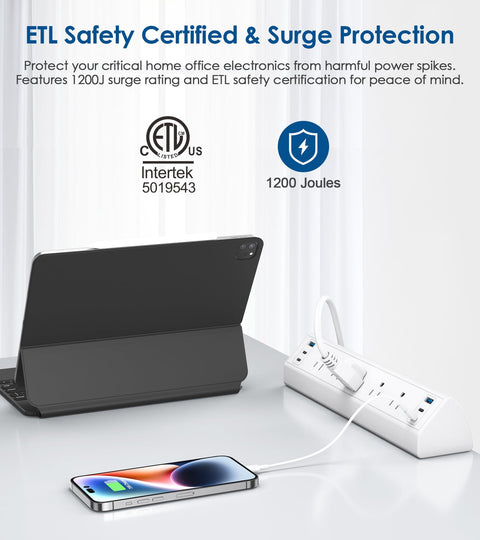 Desk Edge Clamp Power Strip With USB C Charging Station 40W Fast Charging 4 PD 20W USB C Ports 5 Outlet Surge Protector Fits 1.96 Inch Desk Edge ETL Listed White shown with tablet and phone charging