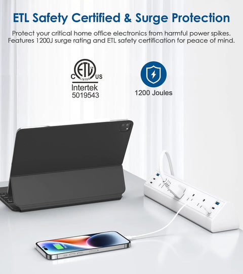 Heavy Duty Desk Clamp Power Strip With Fast Usb C Hub And Rock Solid Bracket For Clean Workspace Cable Management Peak Performance Boss Pack Of Fifteen with tablet and phone in use.