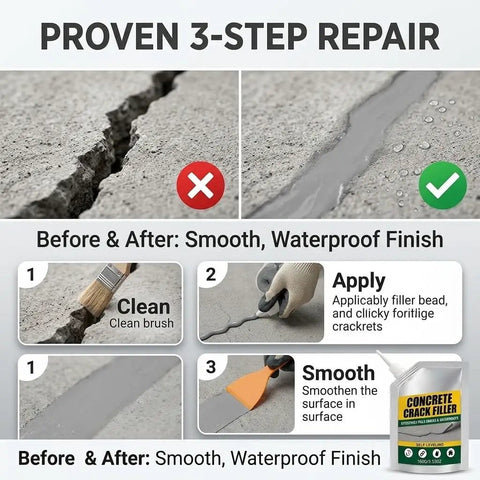 Before and after of Heavy Duty Waterproof Concrete Crack Filler And Sealant For Driveways And Foundations showing smooth waterproof finish.