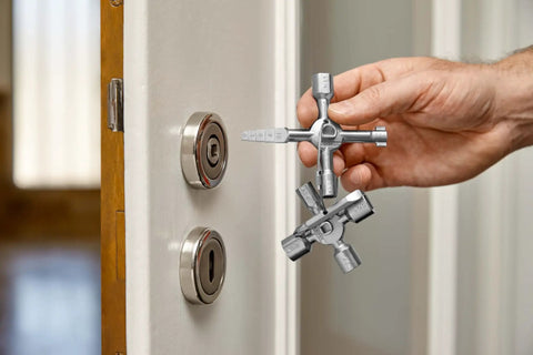 Hand holding TwinKey Multifunctional Spanner Kit With Magnetic Eight Arm Two By Four Way Spider Keys in front of lock.