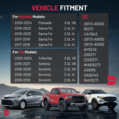 Vehicle fitment chart for Engine Air Filter Replacement For Hyundai Palisade 2020 To 2024 Santa Fe 2017 To 2020 with cars displayed