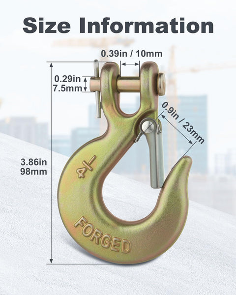 Heavy Duty One Quarter Inch Chain Hooks Set Four Clevis Slip Hooks With Safety Latch Grade 70 Forged Steel 12,600 Lb Capacity