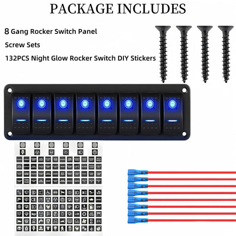 8 Gang Off Road Waterproof Rocker Switch Panel With 5 Pin SPST 12V 24V On Off Toggle 20 Amp Beefy Heavy Duty Marine Style Rocker Panel For Auto Boat RV Truck Jeep Lights And Accessories Blue, screws and DIY stickers included.
