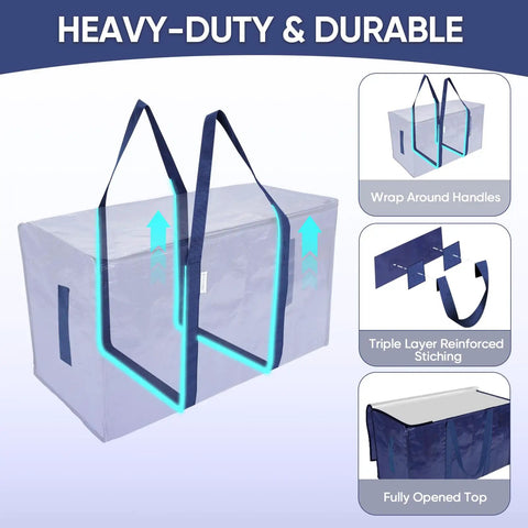 Six Pack Extra Large Moving Bags Heavy Duty With Zippers And Carrying Handles, highlights on durability features.