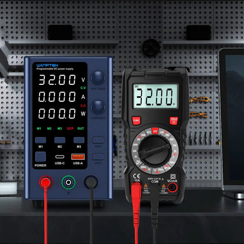 Pro Grade Bench Power Supply With Variable Output From 0 To 32 Volts And 0 To 10 Amps Memory Presets M1 M2 M3 shown with multimeter.