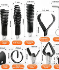 9 Pcs Drain Snake Drill Attachment Kit with Heavy Duty Root Cutter Heads showing various auger heads and tools for clearing clogs.