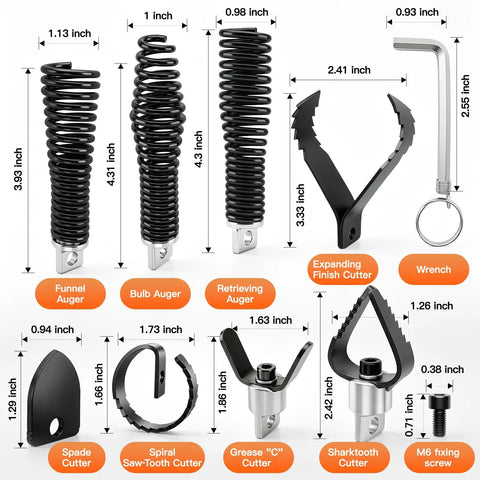 9 Pcs Drain Snake Drill Attachment Kit with Heavy Duty Root Cutter Heads showing various auger heads and tools for clearing clogs.