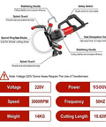 Built Tough 9500W Brushless Concrete Circular Saw With Water Cooling To Beat The Dust Smooth Operator features and specifications diagram.