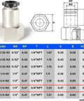 Diagram and table of Push To Connect Pneumatic Female Straight Fittings For One Quarter Inch Tube OD And Three Eighth Inch NPT