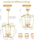 Vintage Lantern Pendant Light 4 Light Chandelier In Gold with adjustable chain for kitchen and dining room use.