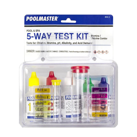 Total Game Changer Swimming Pool And Spa Water Test Kit For Chlorine Bromine Ph And Alkalinity in clear packaging with color-coded solutions.