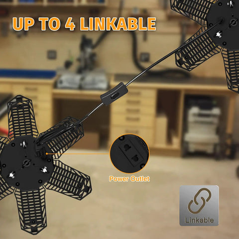 Two Pack 185W LED Garage Lights Plug In Black Hanging Shop Light With 6 Adjustable Foldable Panels Linkable 18500 Lumens