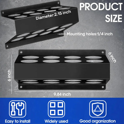 Ultimate 9 Piece Welding Rod Storage Set With 8 Slot Holder dimensions 9.84x6 inches, black metal holder with 2.15 inch diameter slots.
