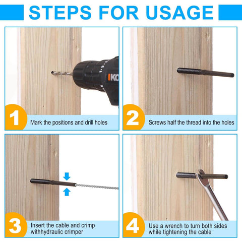 Steps for using 200 Pack Stainless Steel Left And Right Handed Thread Swage Lag Screws One Eighth Inch For Wood Posts Deck Railing Kit