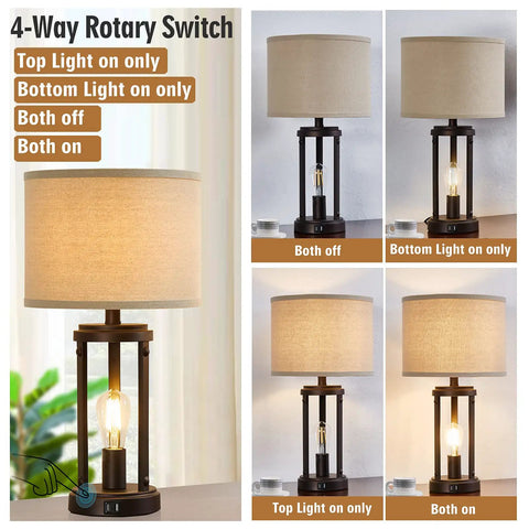 Farmhouse Table Lamps Set Of 2 With Touch Control And 3 Way Dimming, Rustic style with rotary switch for different light settings