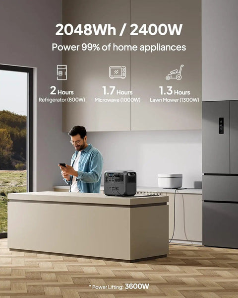 Man using Portable Power Station With 2048Wh LiFePO4 Battery in kitchen, powering appliances with 2400W output, 3600W peak.