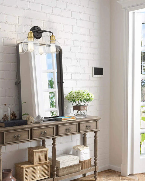 Two Light Bathroom Vanity Light Over Mirror With Clear Glass Shades Matte Black And Antique Brass Finish Farmhouse Wall Lights KW-7221-2