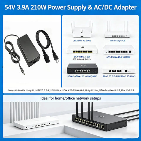 54V 210W Power Supply Adapter For Ubiquiti UniFi Switch XG 6 PoE Beefed Up Replacement Power Source US XG 6POE USW Ultra 210W 6 Port Network Switch Plug And Play Ready black AC/DC adapter with cable