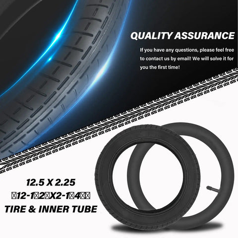 12.5 By 2.25 Inch Tire And Inner Tube Set For Dirt Bikes And Electric Scooters, Replacement Tires For Kids Bikes And Mini Motor Bikes, Compatible With 12.5 X 2.25 Wheels On Dirt Rockets And Pocket Mod Style Rides., black rubber tire and inner tube set shown with 12.5 x 2.25 size