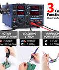 Three In One SMD Soldering Iron Station With Hot Air Rework DC Power Supply With Volt Meter shown in use with circuit boards