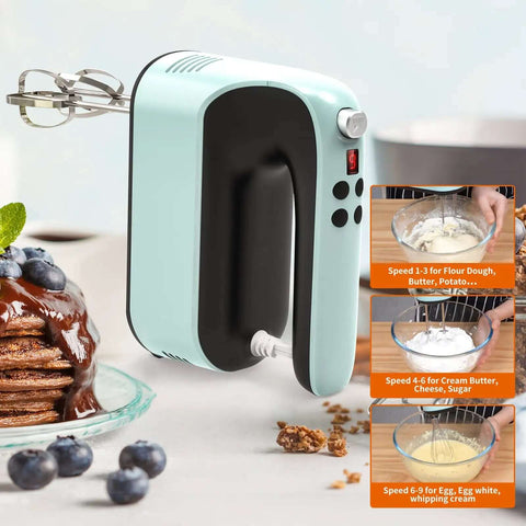 9 Speed Digital Hand Mixer With 400W Kickin Power And Featherlight Build, shown mixing ingredients with stainless steel tools.