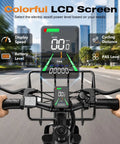 Badass Electric Bike For Adults With 750W Peak Motor crushing hills at 20 Mph, colorful LCD display showing speed and battery level.