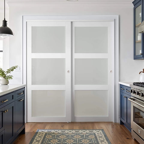 Installed Sliding Closet Door Set For 72x80 Inch Openings, 3 Lite Frosted Glass MDF Barn Door With Hardware Kit, White Finish