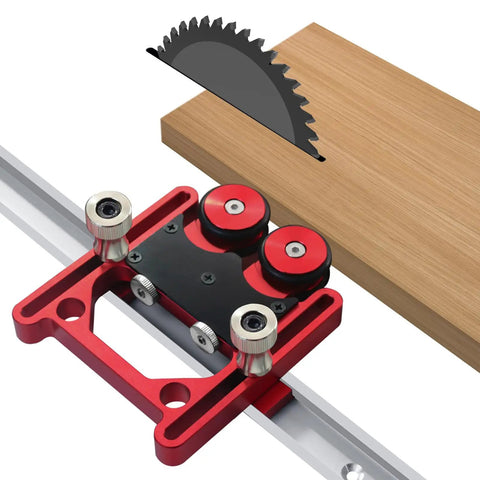 Rock Solid Bearing Roller Featherboards For Table Saw Aluminum double wheel slider on wood with circular saw blade.