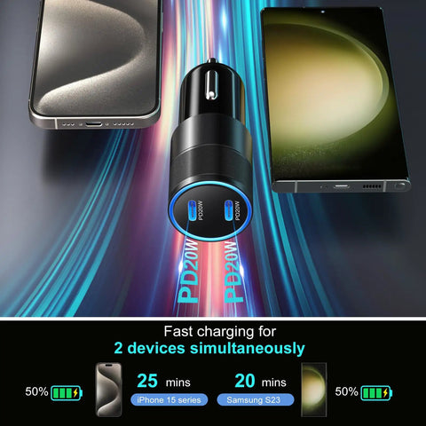 Dual Port USB C Car Charger With Super Fast 40W Output Adapter For Phone And Tablet Quick Top Off In Your Ride Low Profile Design with two devices charging.