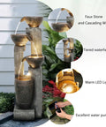 Outdoor 40 Inch Water Fountain With LED Lights 4 Tier Crocks Waterfall Decor for gardens, featuring warm LED lighting and polyresin design.