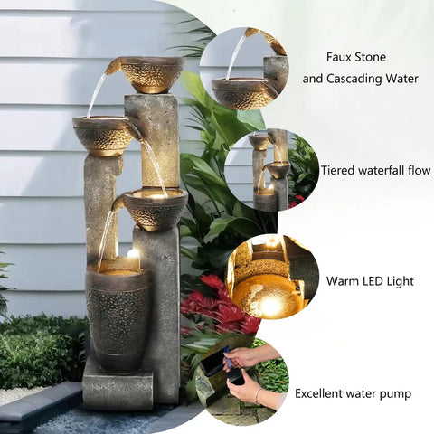 Outdoor 40 Inch Water Fountain With LED Lights 4 Tier Crocks Waterfall Decor for gardens, featuring warm LED lighting and polyresin design.