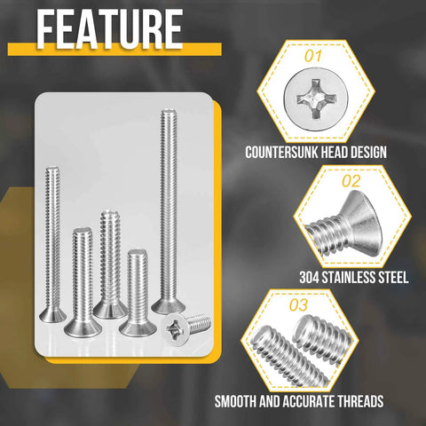 100 Pack M3 Flat Head Machine Screws feature, highlighting countersunk design, 304 stainless steel, and accurate threads.