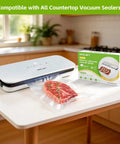 Pre Cut Vacuum Sealer Bags For Food 200 Count 8x10 BPA Free Embossed Heavy Duty Food Saver in use with countertop sealer